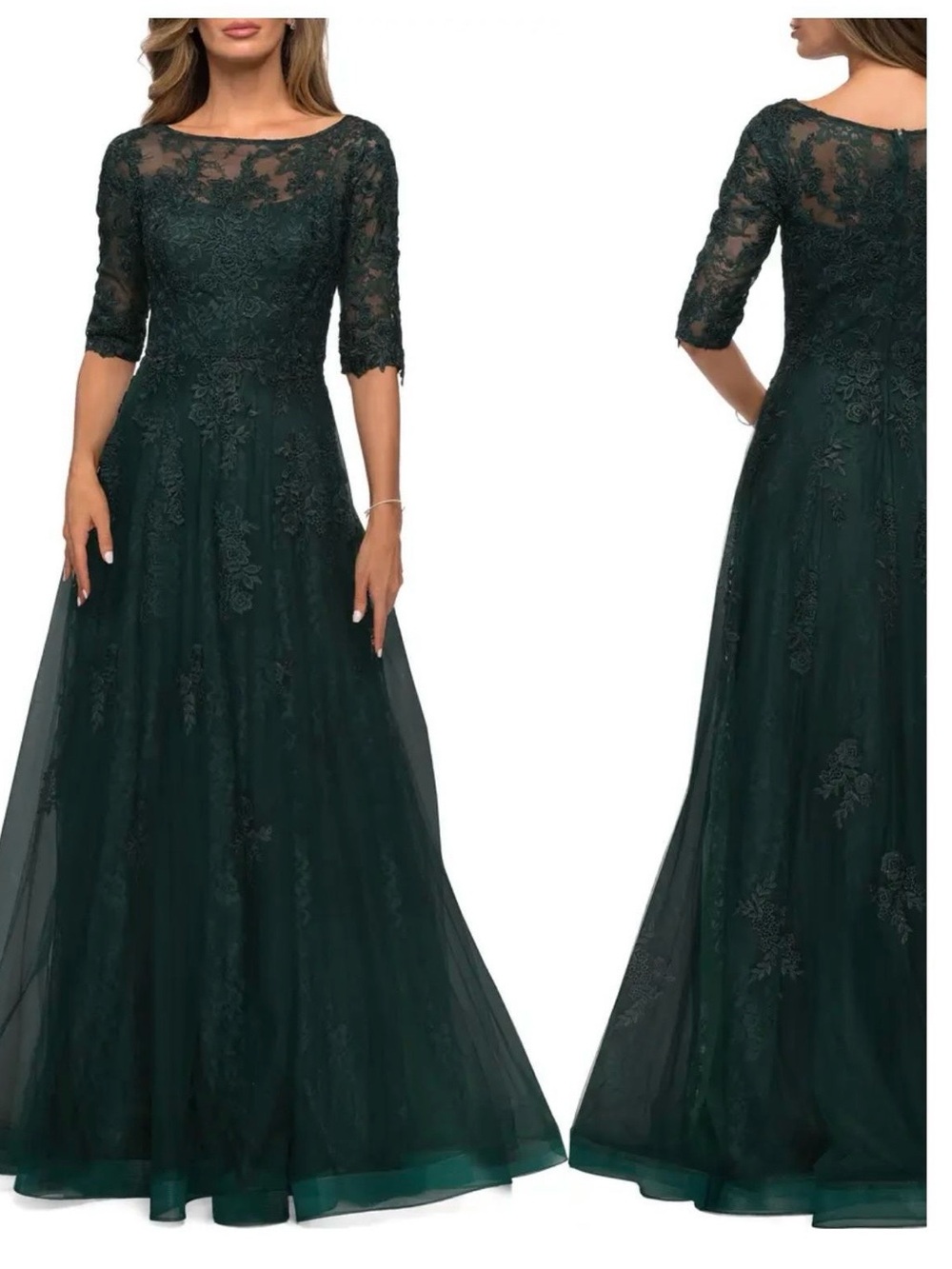 Elegant Emerald Tulle and Lace Evening Gown - Women Dresses